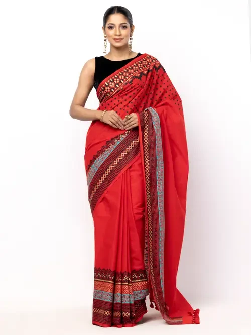 Red Printed Cotton Saree